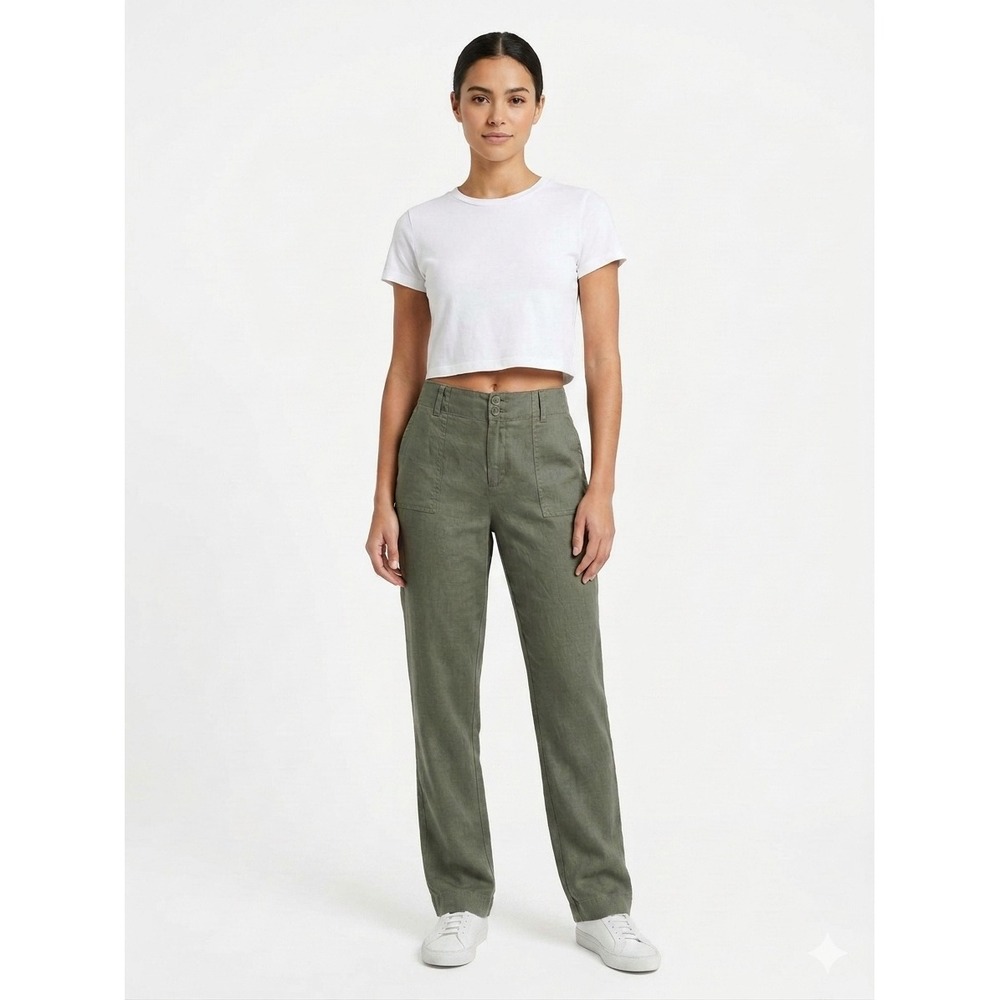 Tahari‎ Olive 100% Linen High Waisted Wide Leg Utility Pants Ankle S14